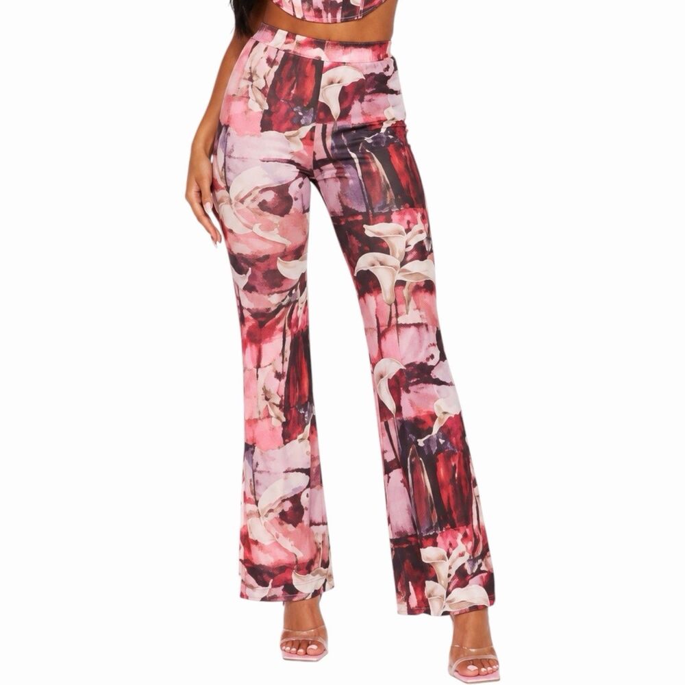 Fashion Nova Women's Floral Wide Leg Pants M Pink Abstract Print Stretch NWT